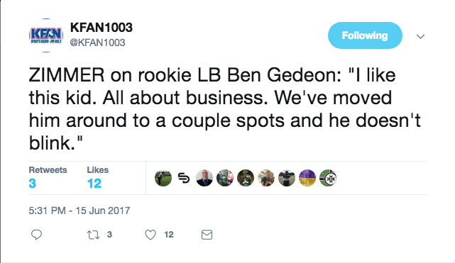 KFAN reports Mike Zimmer’s comments on Ben Gedeon ability to move spots