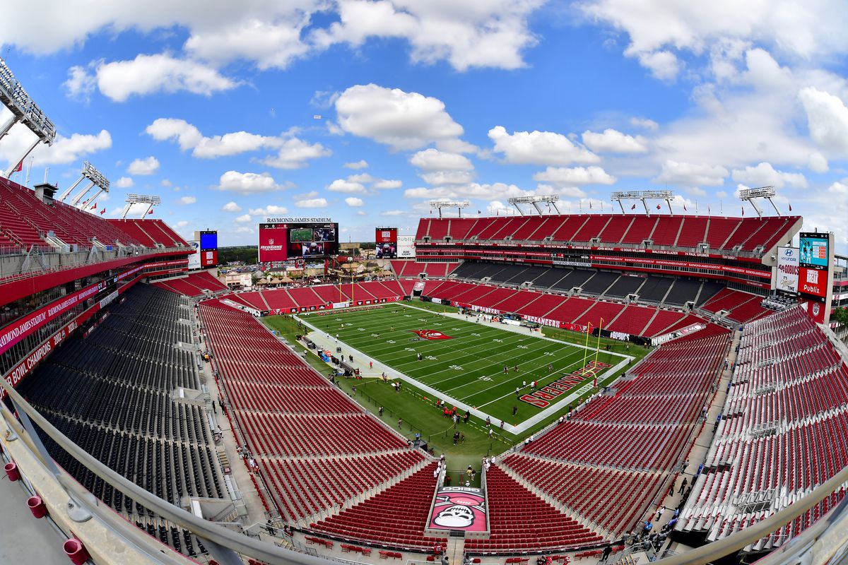 A general view of empty stands as players warm up prior to the game between the Green Bay Packers and the Tampa Bay Buccaneers at Raymond James Stadium on September 25, 2022 in Tampa, Florida.