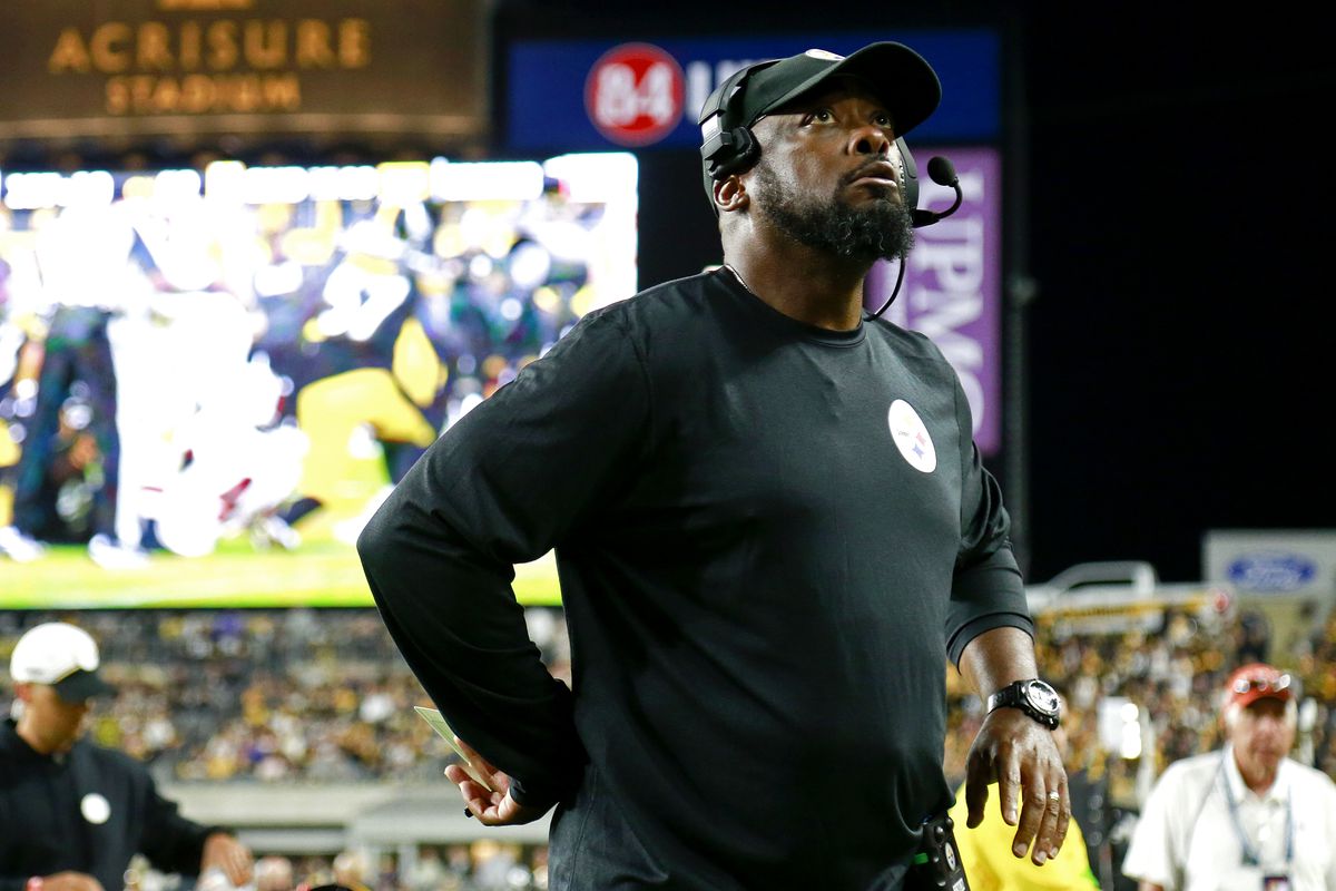 Head coach Mike Tomlin of the Pittsburgh Steelers looks on during the first quarter against the Cleveland Browns at Acrisure Stadium on September 18, 2023 in Pittsburgh, Pennsylvania.