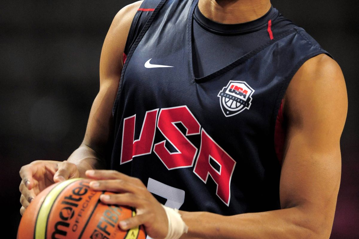 July 18, 2012; Manchester, UNITED KINGDOM; United States guard Russell Westbrook (7) during training for the 2012 London Olympic Games warm-up match against Great Britain at the Manchester Evening News Arena.  Mandatory Credit: Joe Toth-US PRESSWIRE