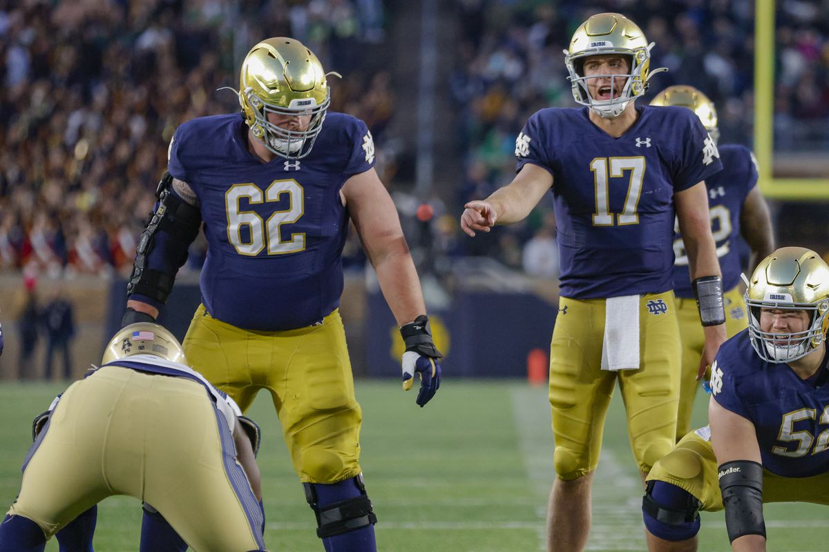Jack Coan of the Notre Dame Fighting Irish is seen during the game against the Navy Midshipmen at Notre Dame Stadium on November 6, 2021 in South Bend, Indiana.