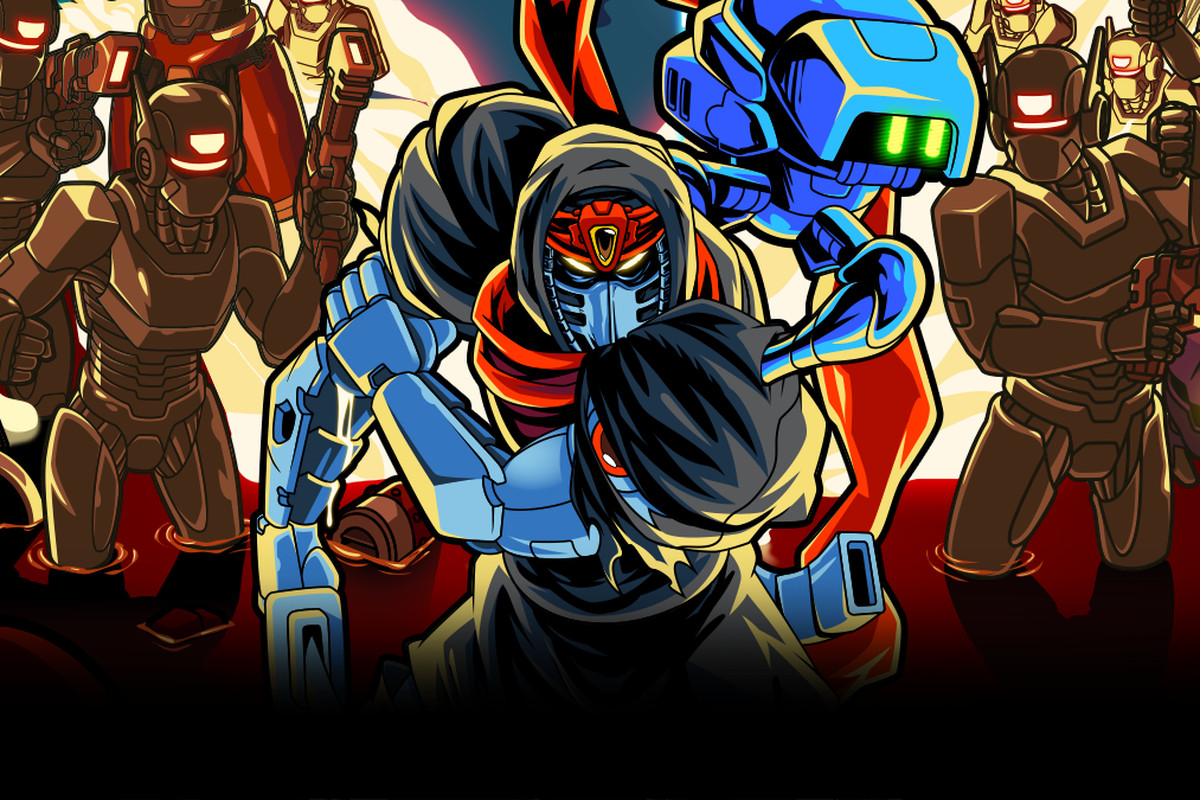 Promotional art from Cyber Shadow that shows a Ninja standing in front of an army of robots