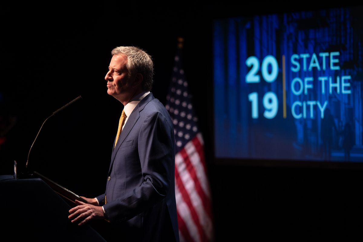 Mayor Bill de Blasio delivers his sixth State of the City address at the Symphony Space in Manhattan on Thursday