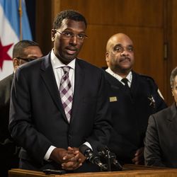 Chicago Police Board President Ghian Foreman speaks during a press conference at City Hall after it was announced that former Los Angeles Police Chief Charlie Beck would serve as interim police superintendent, Friday morning, Nov. 8, 2019.
