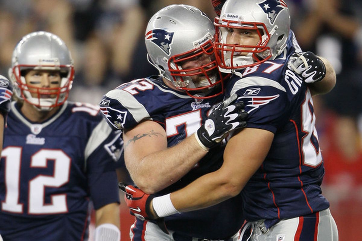 <em>Rob Gronkowski celebrates with Matt Light after scoring one of his two touchdowns last night</em>.