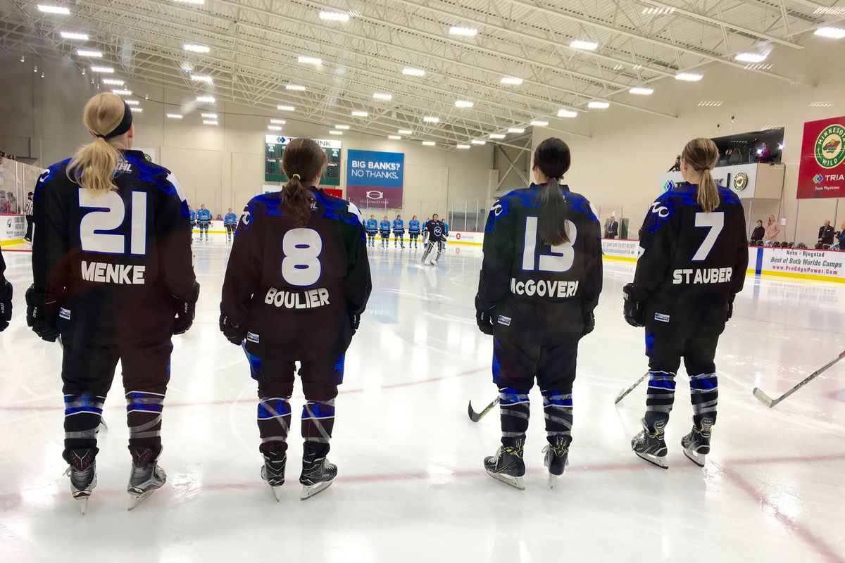 Amy Menke, Amanda Boulier, Katie McGovern, and Emma Stauber in line as the starters are announced for a game against the Buffalo Beauts.