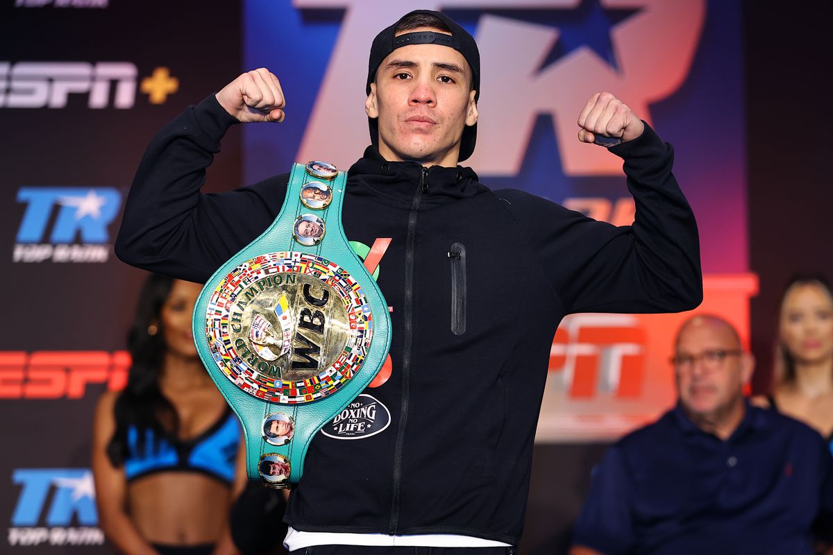 WBC super featherweight champion Oscar Valdez poses after the press conference at Casino del Sol on September 08, 2021 in Tucson, Arizona.