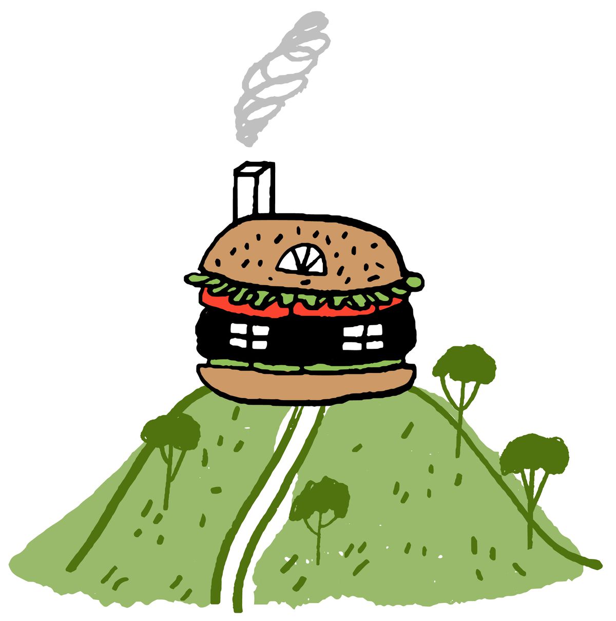 An illustration of a burger in the shape of a home on top of a hill. 