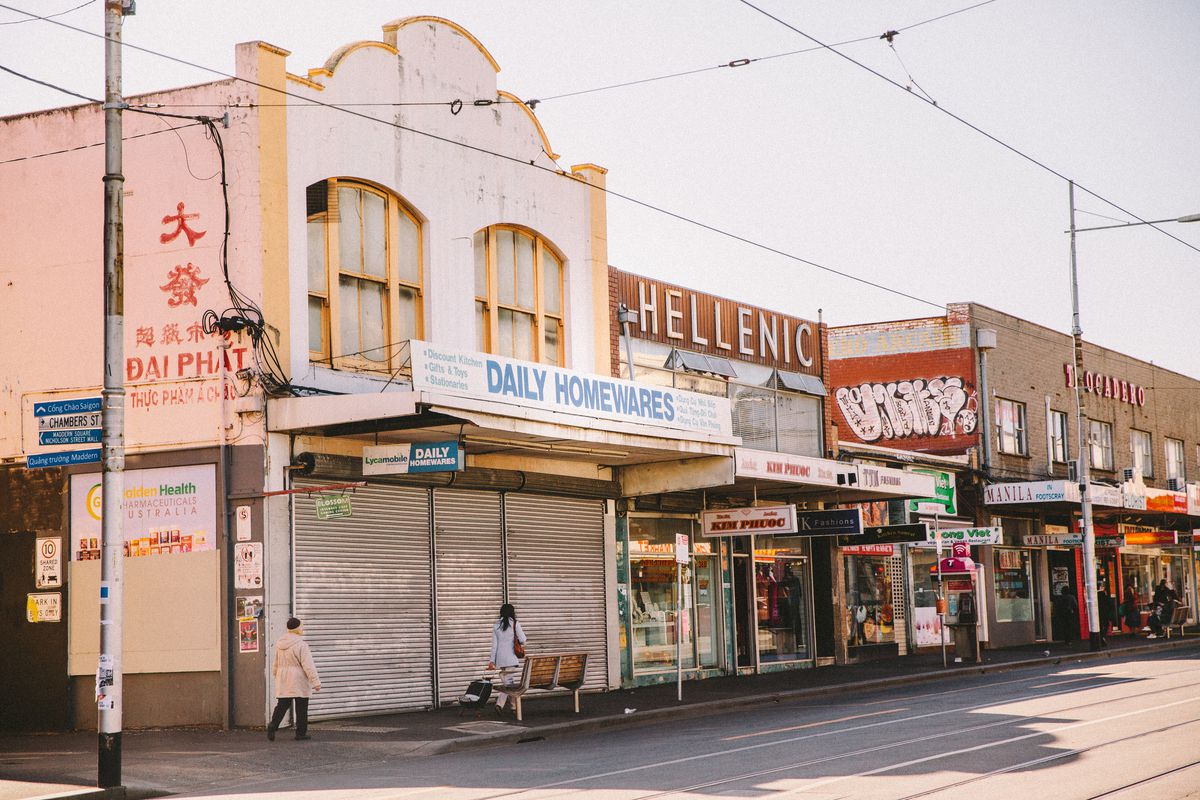 A Footscray street with small storefronts