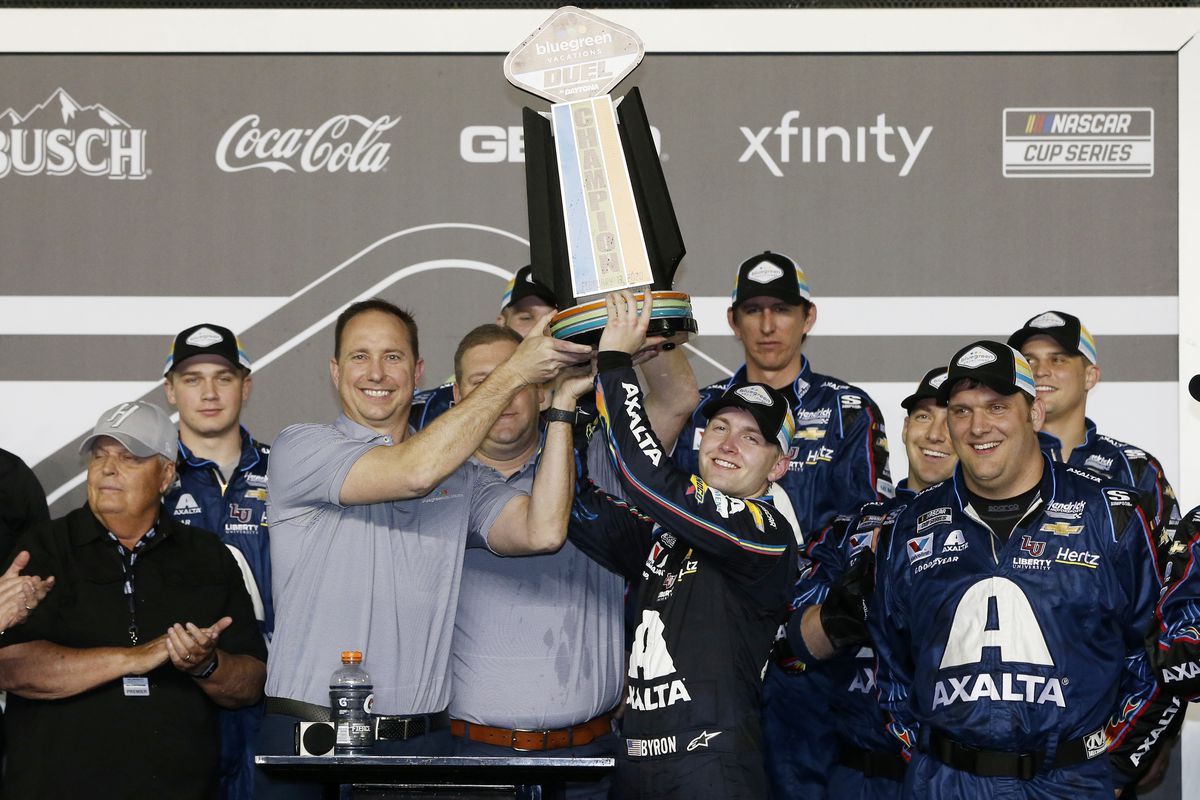 William Byron, driver of the #24 Axalta ‘Color of the Year’ Chevrolet, celebrates in Victory Lane after winning the NASCAR Cup Series Bluegreen Vacations Duel 2 at Daytona International Speedway on February 13, 2020 in Daytona Beach, Florida.