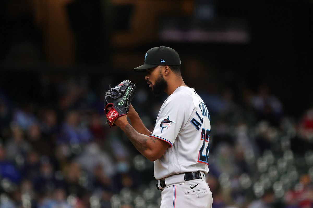 Sandy Alcantara #22 of the Miami Marlins prepares to throw a pitch during the first inning against the Milwaukee Brewers at American Family Field on April 28, 2021 in Milwaukee, Wisconsin.