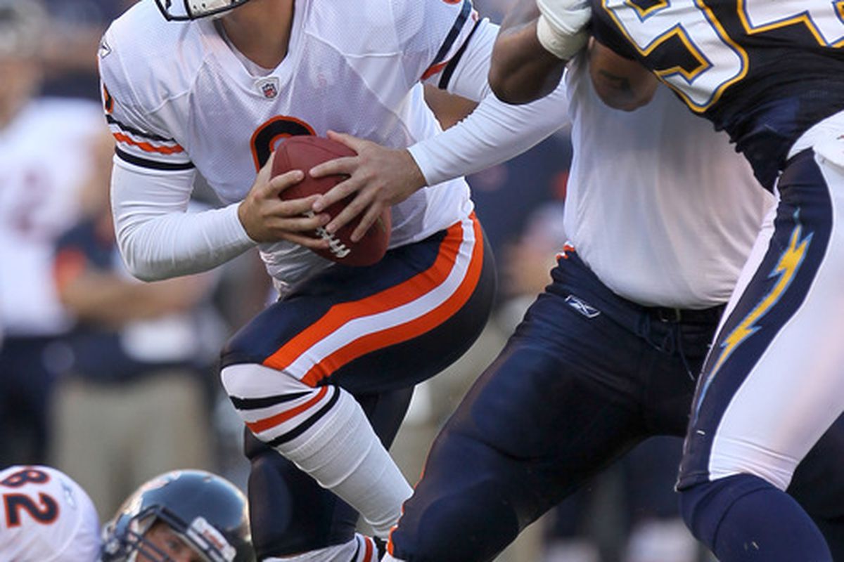 SAN DIEGO - AUGUST 14:  Quarterback Jay Cutler #6 of the Chicago Bears scrambles against the San Diego Chargers on August 14 2010 at Qualcomm Stadium in San Diego California.  (Photo by Stephen Dunn/Getty Images)