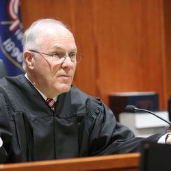 Second District Court Judge Thomas Kay conducts a mock trial with third-grade students from Kaysville's Endeavor Elementary at the Farmington Courthouse on Tuesday, March 22, 2016. The trial focused on the case of Big Bad Wolf vs. Curley the Pig. Big Bad Wolf was acquitted. Utah State Court judges are encouraged to take an active part in the community to increase public understanding and promote public confidence in the judiciary. As part of this effort, Kay conducted the mock trial with students playing prosecuting and defense attorneys, witnesses, victims, the defendant, jurors, and courtroom personnel. 