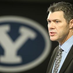 Jeff Grimes speaks during the press conference introducing him as the new Offensive Coordinator for the BYU football program in Provo South on Saturday, Dec. 16, 2017.