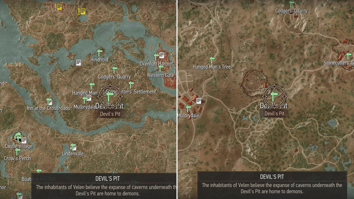 Witcher 3 maps showing the location of the Devil’s Pit in Velen.