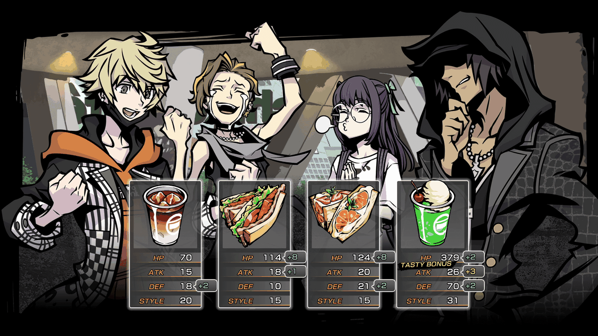 A status screen for meals eaten by the characters in Neo: The World Ends With You