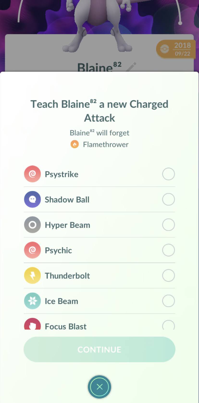 A menu showing a list of moves to possibly teach Mewtwo using an Elite Charged TM