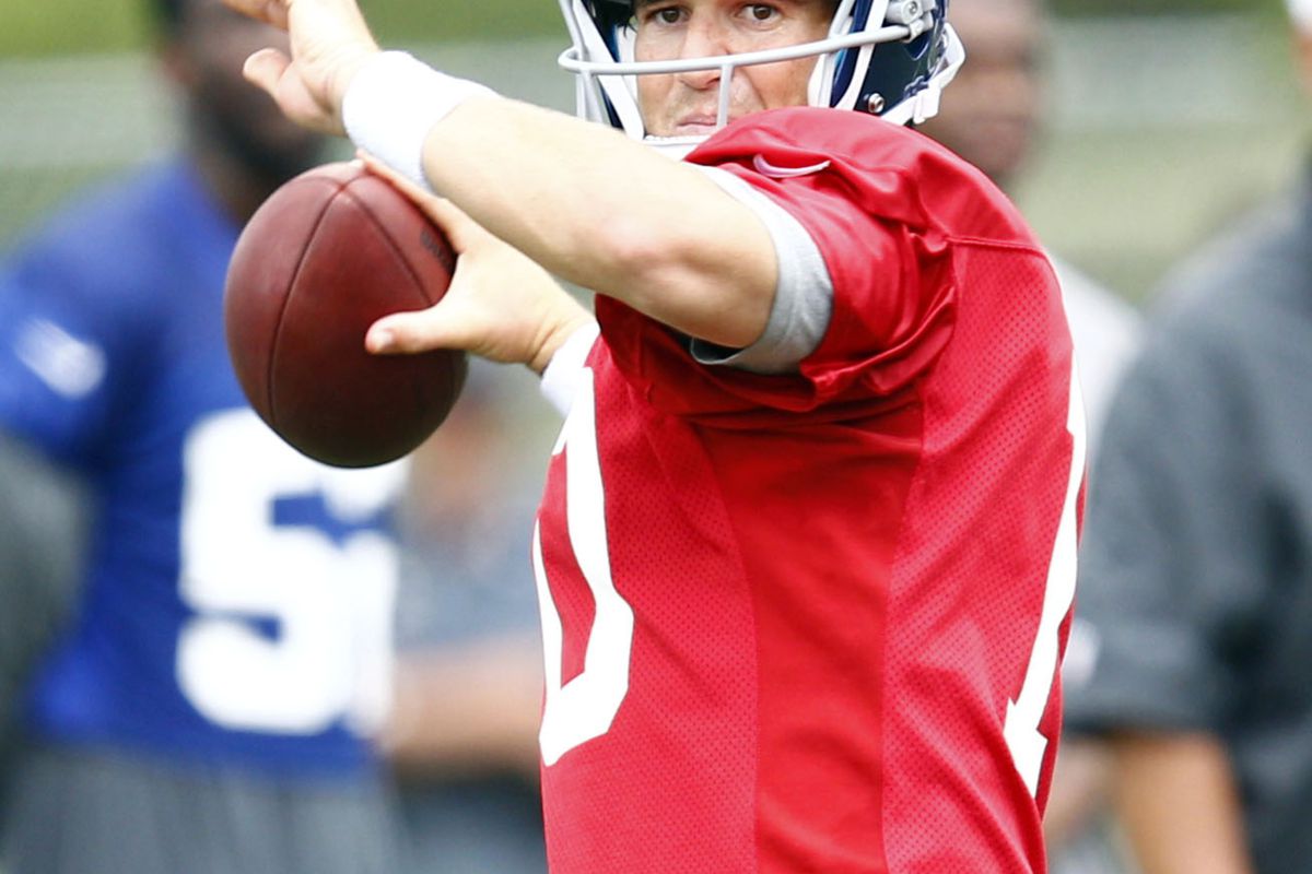 Jul 28, 2012; Albany, NY, USA; New York Giants quarterback Eli Manning (10) throws a pass during training camp at University Field at SUNY Albany.  Mandatory Credit: Mark L. Baer-US PRESSWIRE