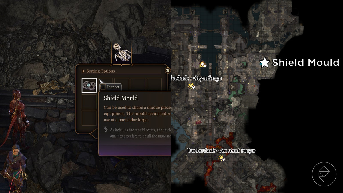 The location of the Shield Mould marked on the map of the Grymforge in Baldur’s Gate 3.