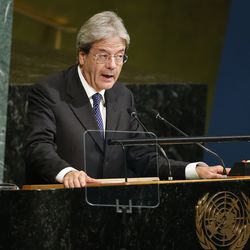 Italian Prime Minister Paolo Gentiloni addresses the United Nations General Assembly at U.N. headquarters, Wednesday, Sept. 20, 2017.