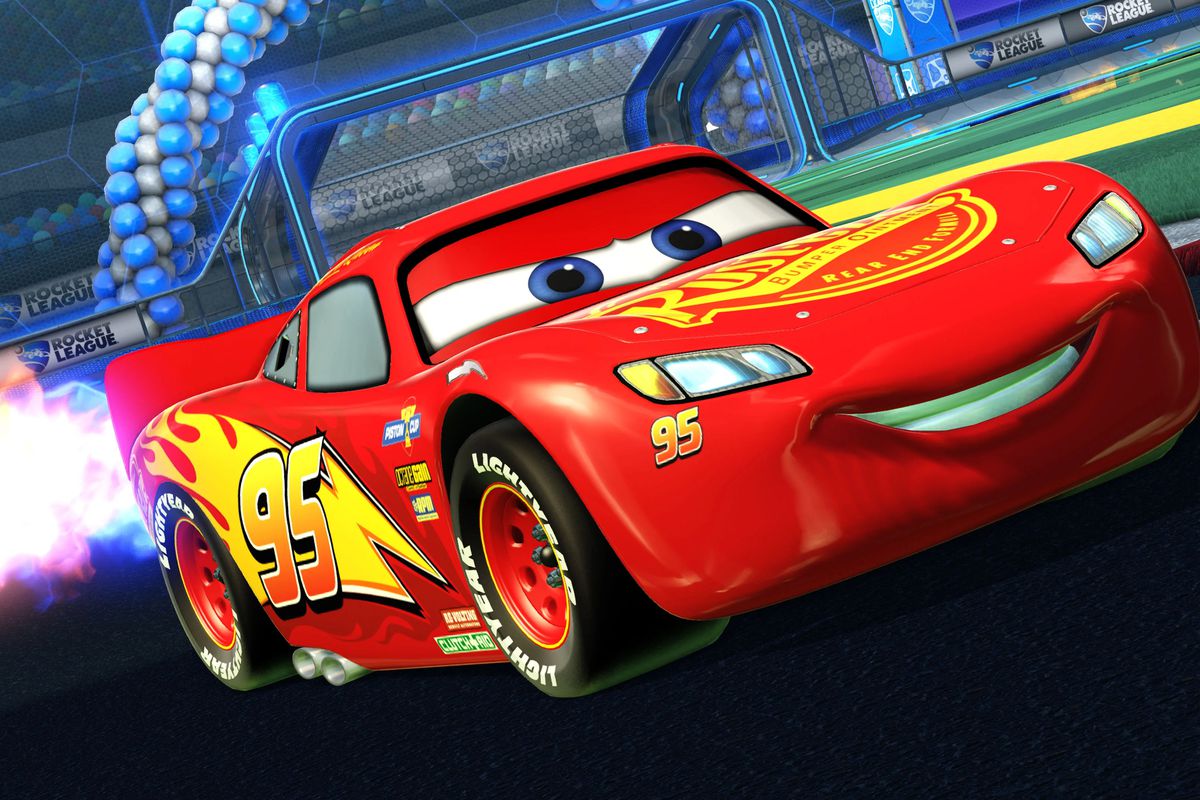 Lightning McQueen, a red race car with a cocky smirk, races in Rocket League