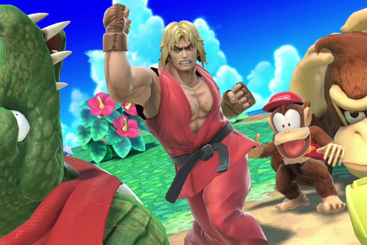 Ken punches King K. Roole as Donkey and Diddy Kong watch in a screenshot of Super Smash Bros. Ultimate