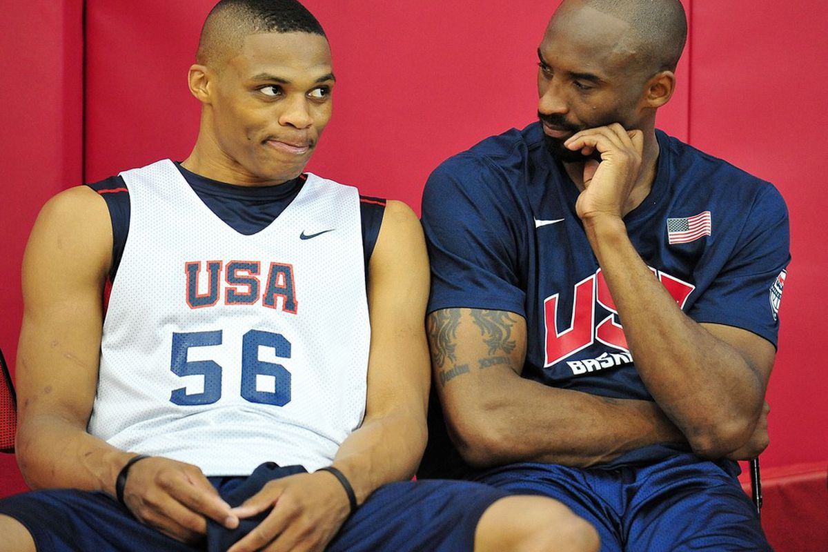 July 6, 2012; Las Vegas, NV, USA; Team USA guard Kobe Bryant (right) speaks to guard Russell Westbrook during practice at the UNLV Mendenhall Center. Mandatory Credit: Gary A. Vasquez-US PRESSWIRE