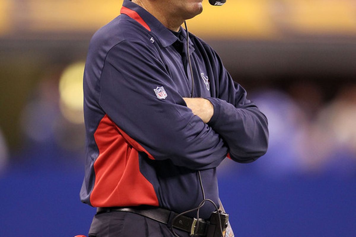 INDIANAPOLIS - NOVEMBER 01: Gary Kubiak the Head Coach of Houston Texans coaches during the NFL game against the Indianapolis Colts at Lucas Oil Stadium on November 1 2010 in Indianapolis Indiana.  (Photo by Andy Lyons/Getty Images)