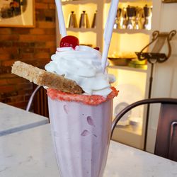 A strawberry shake with Pop Rocks and a Rice Krispies treat at Fezziwig’s Food & Fountain