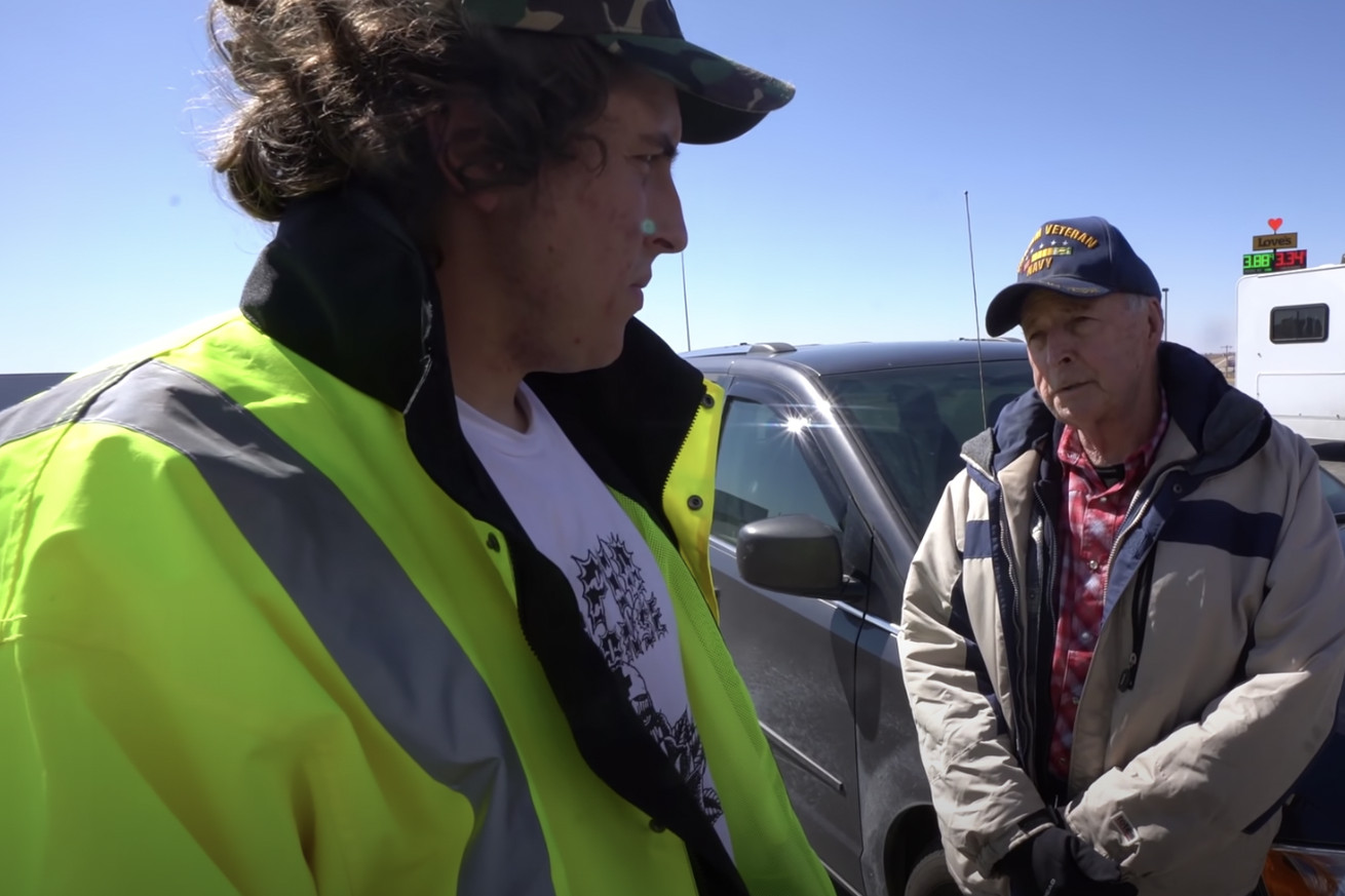 Andrew Callaghan interviews a source for an episode of the show on the People’s Convoy.