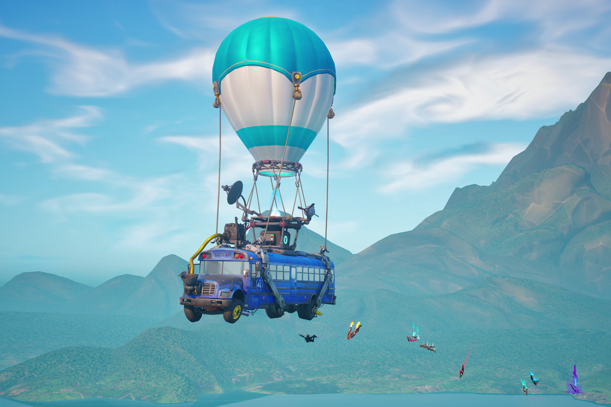 Fortnite’s Battle Bus with players dropping onto the island