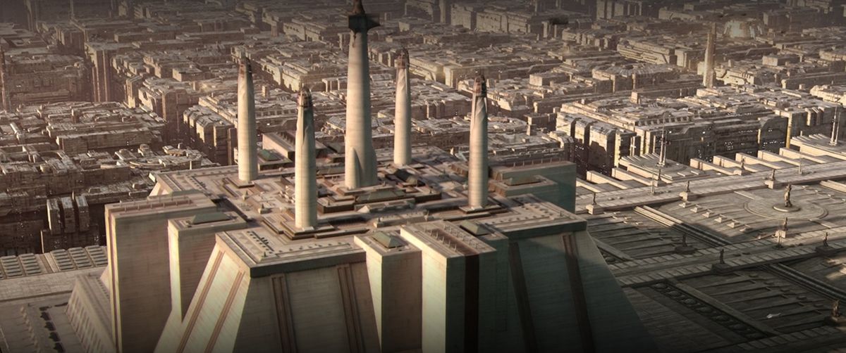 A massive Jedi temple sits in the middle of a city that covers the entire planet of Coruscant in Star Wars 