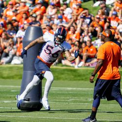 Linebacker Shane Ray running some drills during the first day of Denver Broncos training camp. 