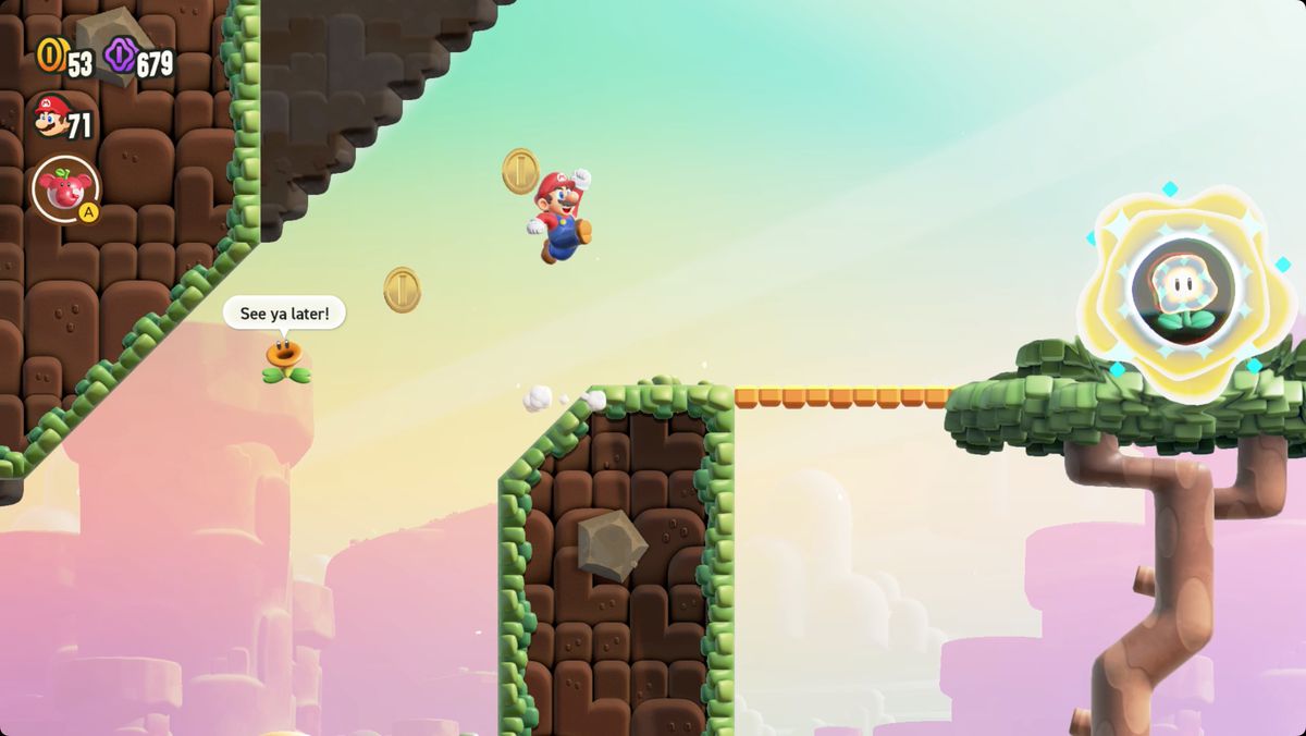 Super Mario Bros. Wonder Pipe-Rock Plateau Special Bounce, Bounce, Bounce screenshot showing the Wonder Flower location.