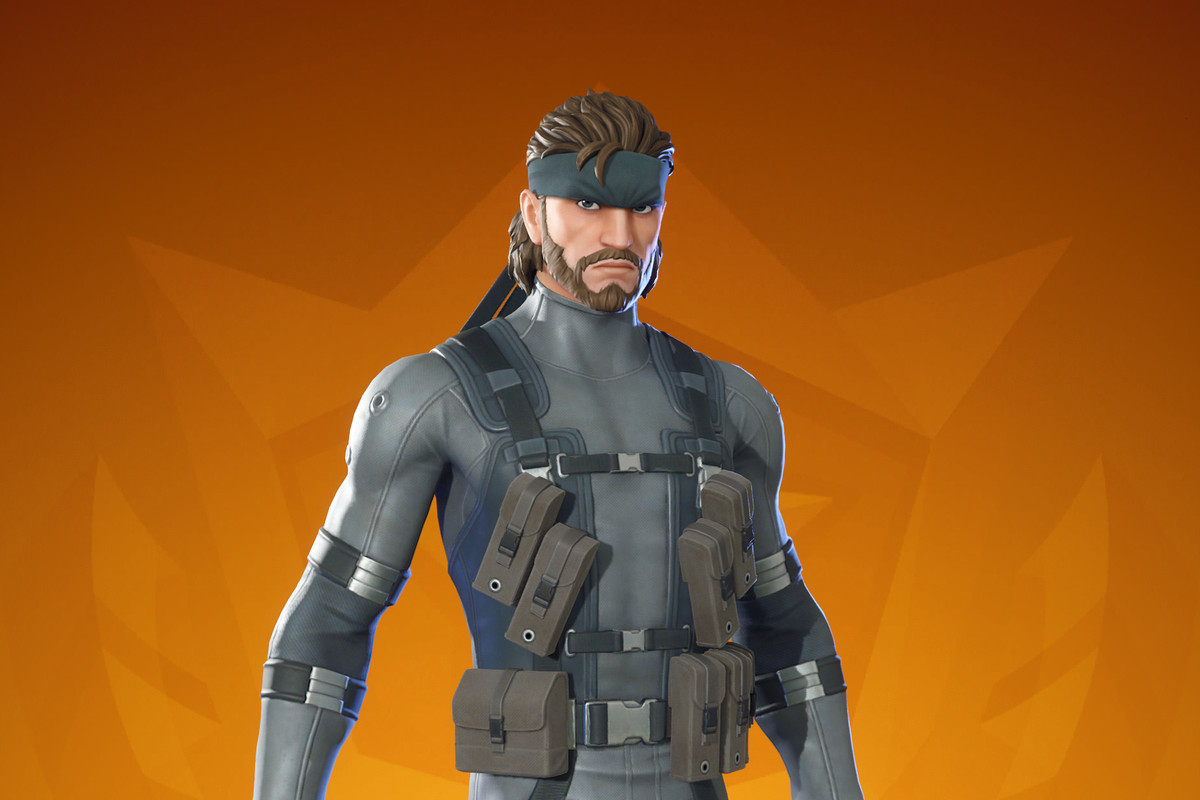 Solid Snake stands against an orange background in a screenshot as a battle pass appearance in Fortnite Chapter 5 Season 1?