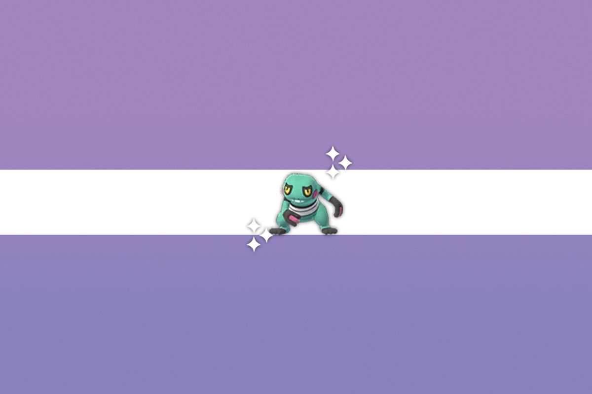 Croagunk in Pokémon Go, Shiny with a teal color. 