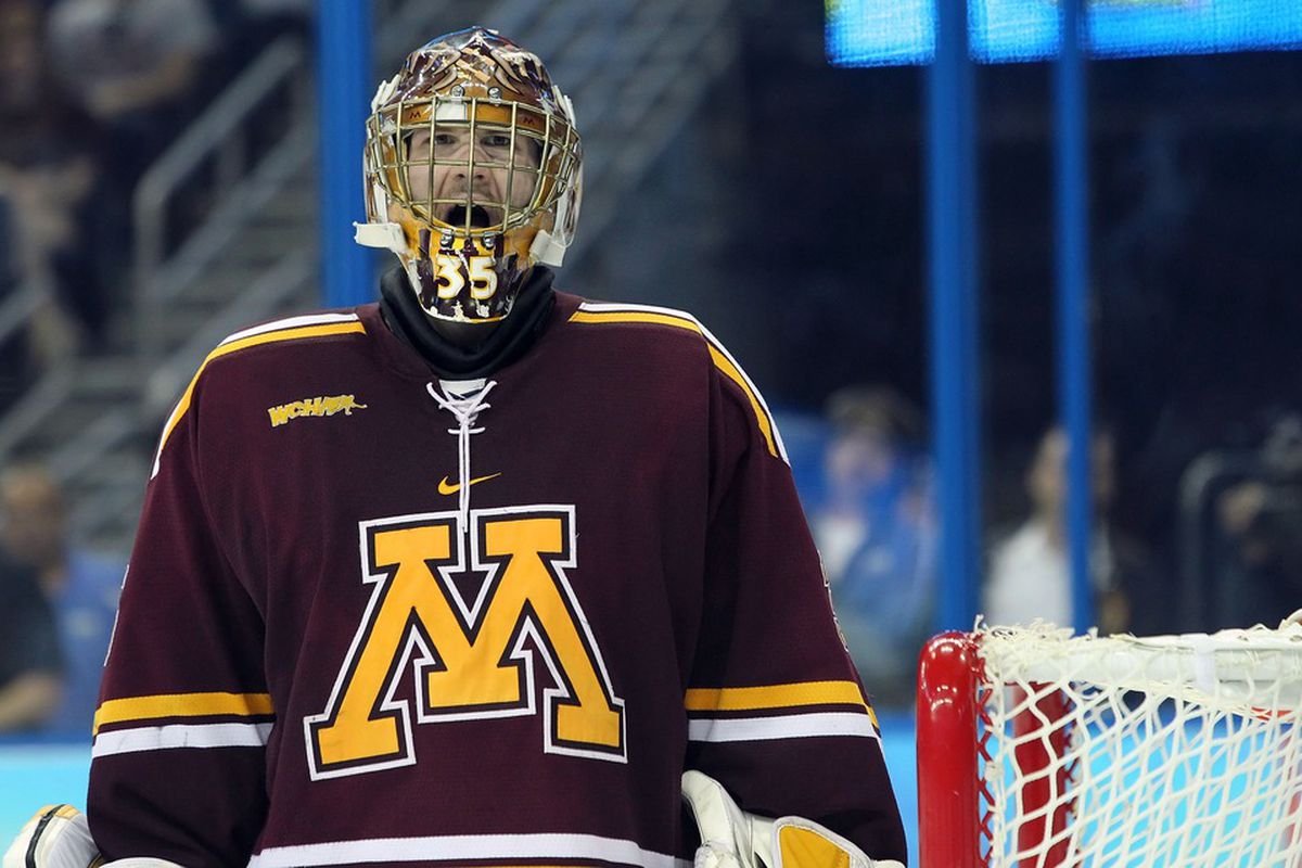 Apr 5, 2012; Tampa, FL, USA; Minnesota Gophers goalie Kent Patterson (35) reacts during the second period against the Boston College Eagles during the semifinals of the 2012 Frozen Four at Tampa Bay Times Forum. Kim Klement-US PRESSWIRE