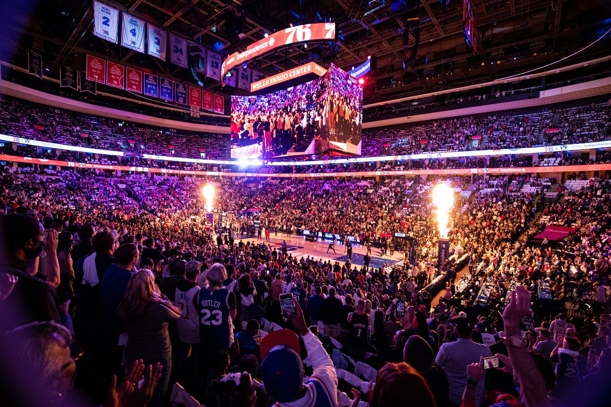 General view as the Philadelphia 76ers are introduced for a game against the Brooklyn Nets at Wells Fargo Center.