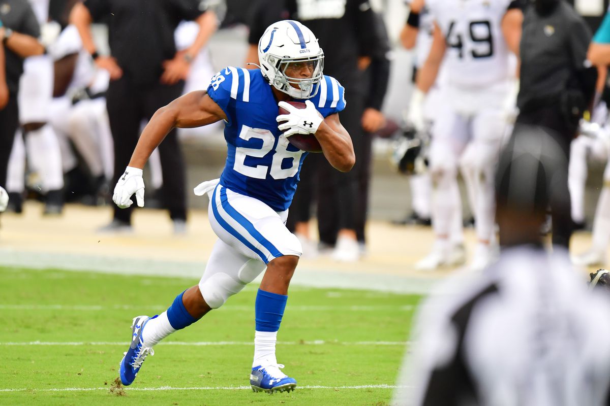 Jonathan Taylo of the Indianapolis Colts makes a 35-yard reception for a first down in the second quarter against the Jacksonville Jaguars at TIAA Bank Field on September 13, 2020 in Jacksonville, Florida.