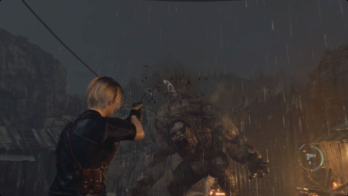 Resident Evil 4&nbsp;remake&nbsp;Leon aiming at a tentacle erupting out of the giant’s back.