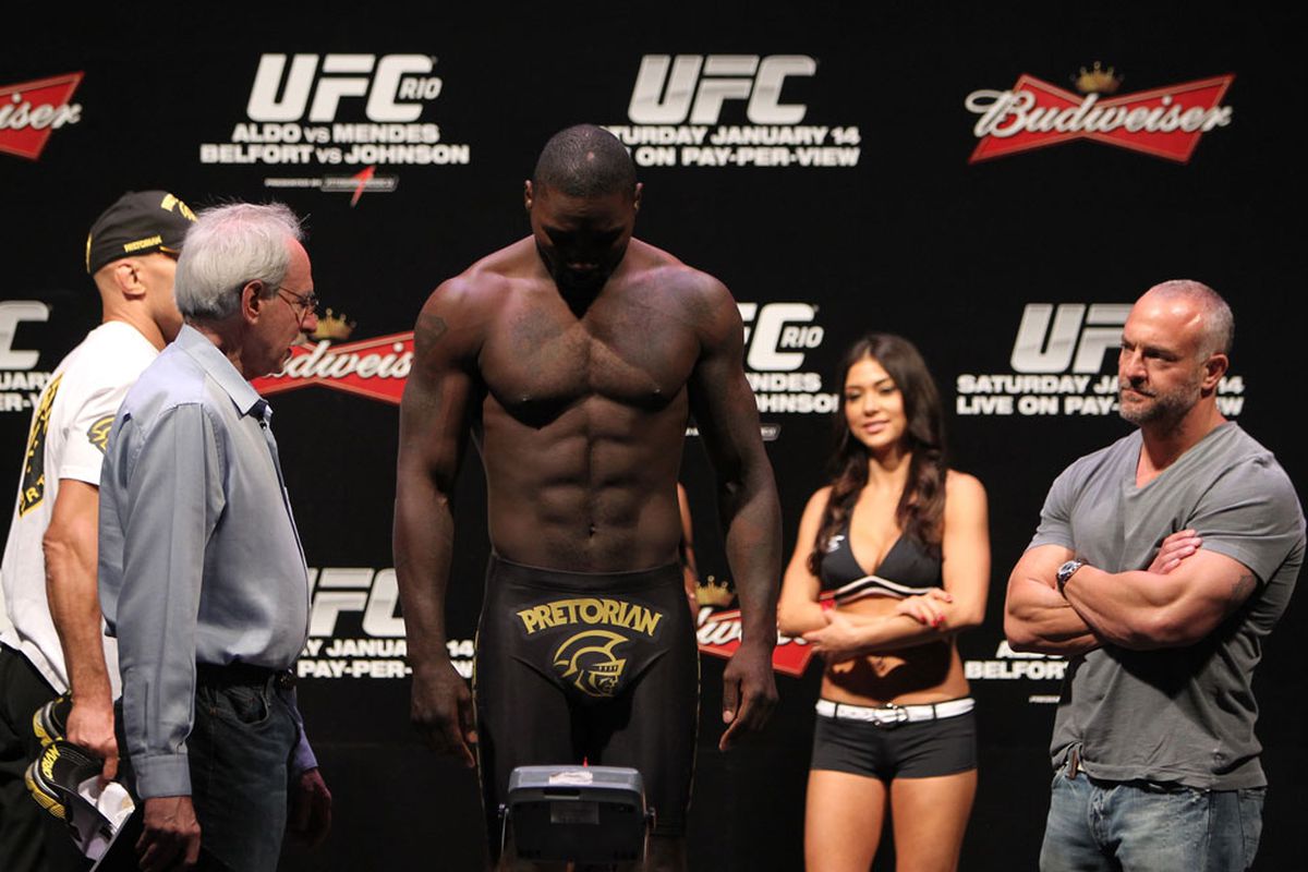 RIO DE JANEIRO, BRAZIL - JANUARY 13: Anthony Johnson weighs in during the UFC 142 Weigh In at HSBC Arena on January 13, 2012 in Rio de Janeiro, Brazil. (Photo by Josh Hedges/Zuffa LLC/Zuffa LLC via Getty Images).