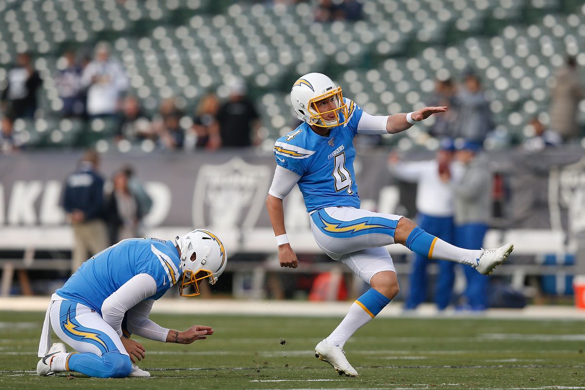 Kicker Mike Badgley of the Los Angeles Chargers warms up before the game against the Oakland Raiders at RingCentral Coliseum on November 07, 2019 in Oakland, California.