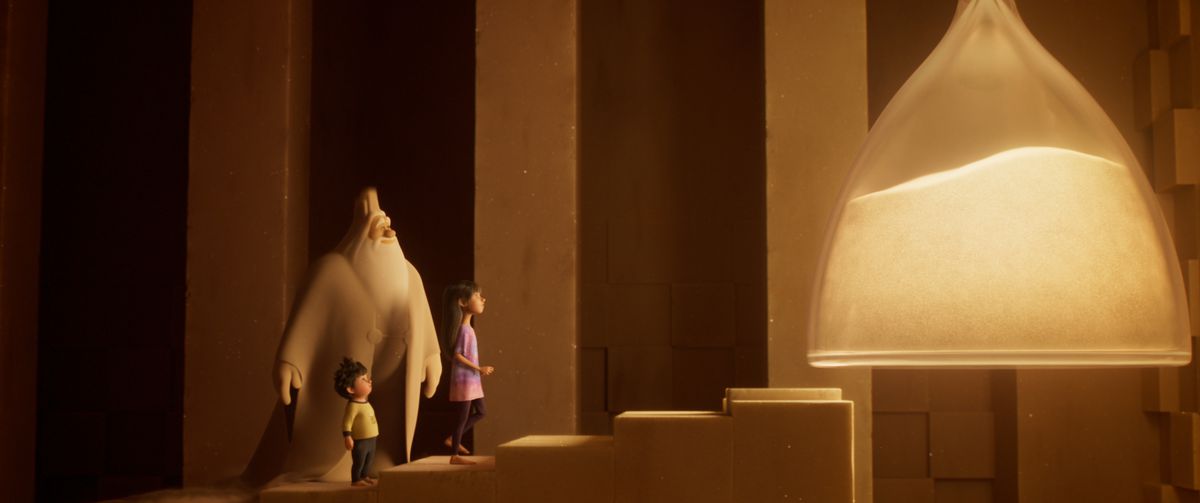 Siblings Stevie (a gangly girl with long hair) and Elliot (a short, round boy with spiky hair) stand with a tall, glowing, white-bearded figure at the base of a staircase leading up to the bottom of an immense hourglass in the Netflix animated movie In Your Dreams