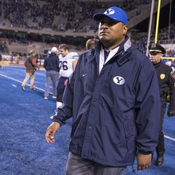 Brigham Young head coach Kalani Sitake heads to the BYU fan section to thank the fans who attended an NCAA football game between Boise State and Brigham Young in Boise on Friday, Oct. 21, 2016. Boise State defeated Brigham Young 28-27 in a wild game.
