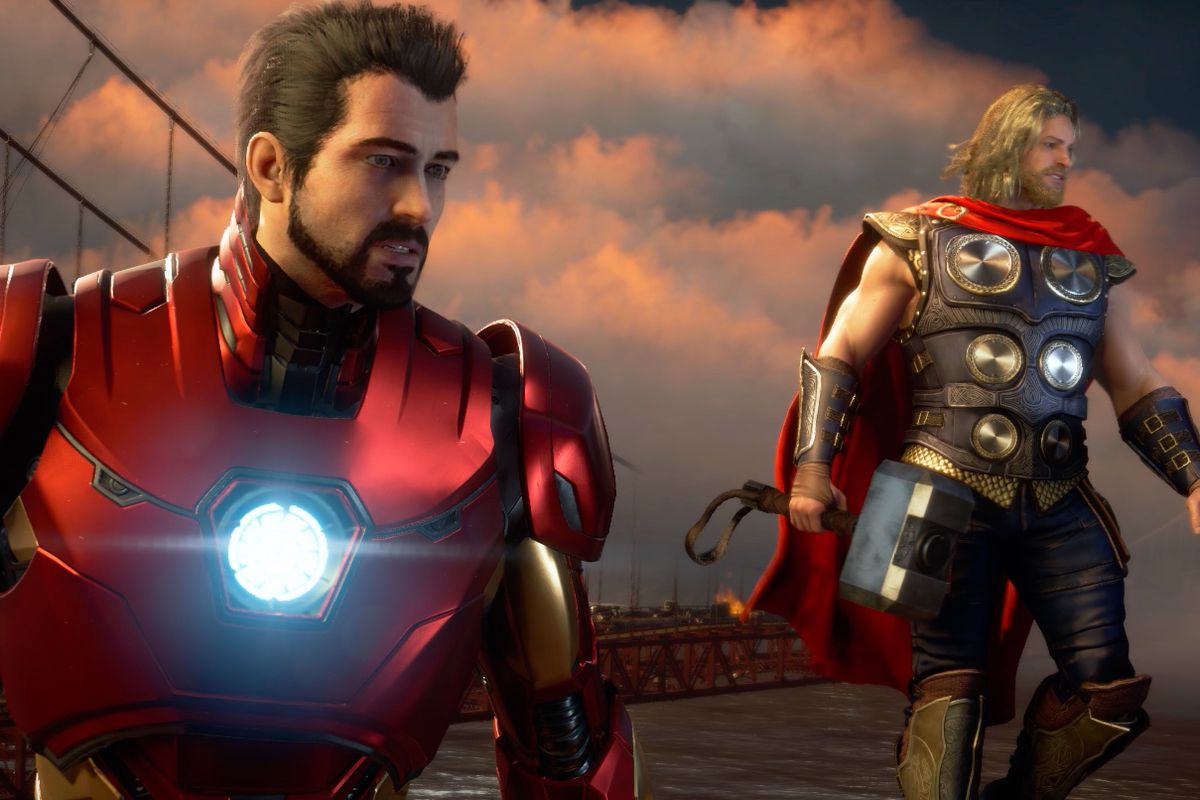 Iron Man and Thor hover near the Golden Gate Bridge in a screenshot from Marvel’s The Avengers game.