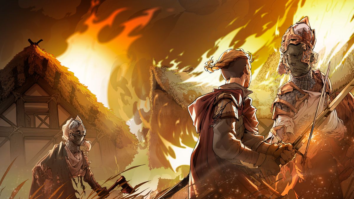 A Red Warden battles with a zombie creature carrying a sword. To his left another creature, with an axe, approaches. In the background thatch and wood buildings burn.
