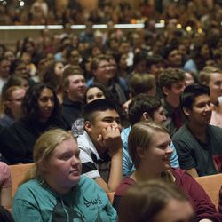 High school students listen as "Hamilton" actors welcome them to the Eccles Theater before a matinee of "Hamilton" in Salt Lake City on Friday, May 4, 2018. More than 2,000 high school students attended the matinee showing and performed their own "Hamilton"-inspired performances followed by a Q&A with the "Hamilton" cast.