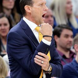 Utah Jazz head coach Quin Snyder coaches a basketball game against the San Antonio Spurs at the Vivint Smart Home Arena in Salt Lake City on Monday, Feb. 12, 2018.
