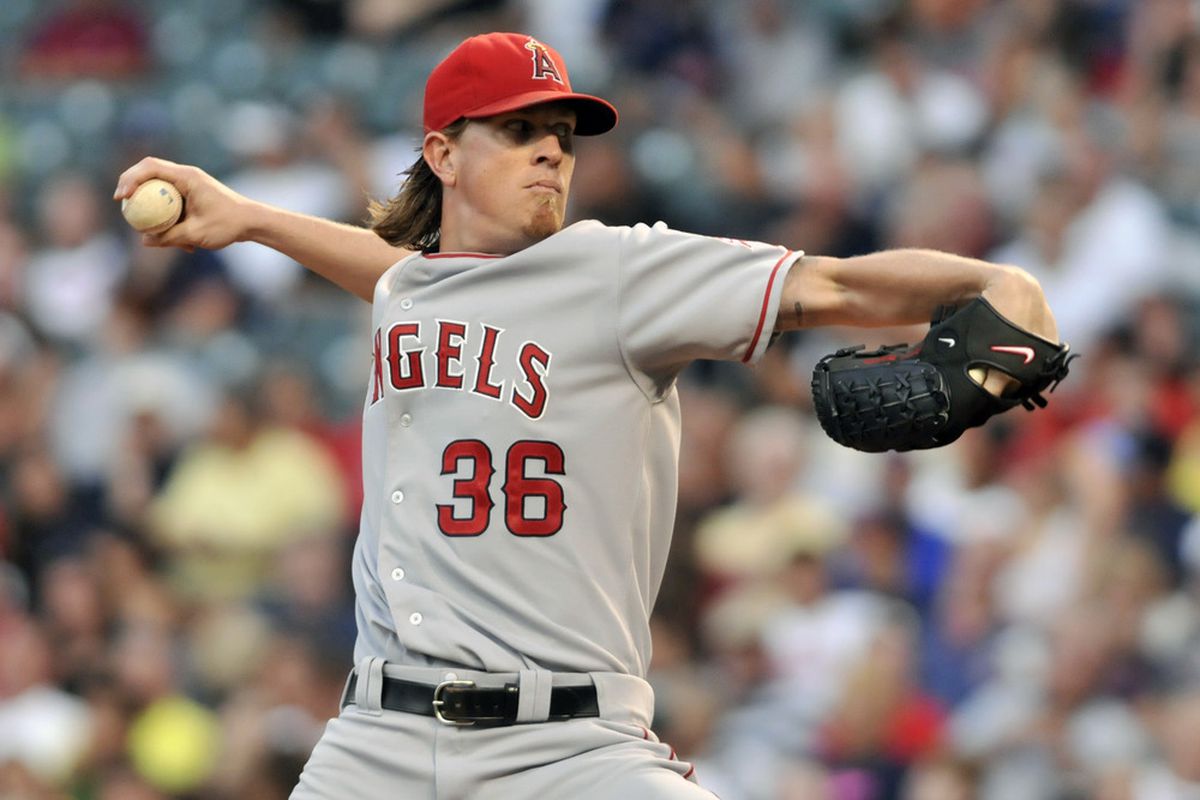CLEVELAND, OH - JULY 26: Starting pitcher Jered Weaver #36 of the Los Angeles Angels pitches during the fifth inning against the Cleveland Indians at Progressive Field on July 26, 2011 in Cleveland, Ohio. (Photo by Jason Miller/Getty Images)