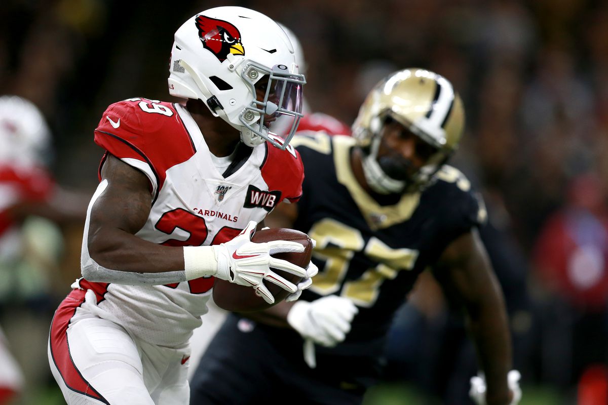 Chase Edmonds of the Arizona Cardinalsruns the ball during a NFL game during a game against the New Orleans Saints at the Mercedes Benz Superdome on October 27, 2019 in New Orleans, Louisiana.